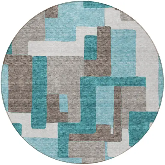 8' Teal Blue Aqua And Beige Round Abstract Washable Indoor Outdoor Area Rug Photo 6