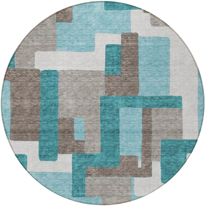 8' Teal Blue Aqua And Beige Round Abstract Washable Indoor Outdoor Area Rug Photo 6