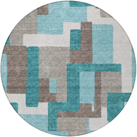 8' Teal Blue Aqua And Beige Round Abstract Washable Indoor Outdoor Area Rug Photo 6