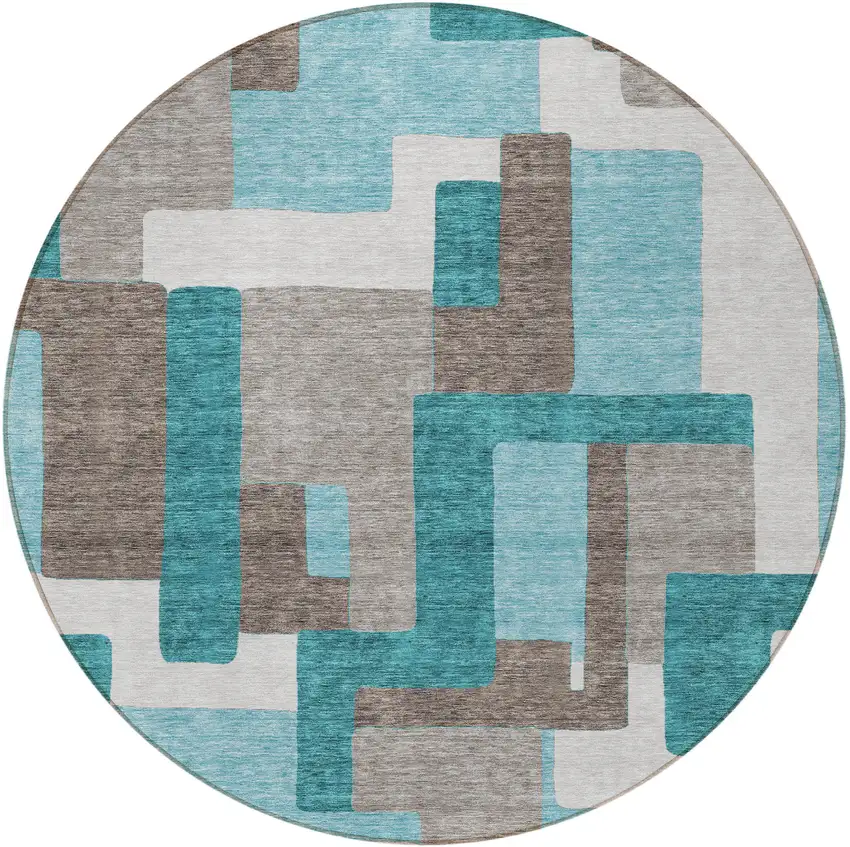 8' Teal Blue Aqua And Beige Round Abstract Washable Indoor Outdoor Area Rug Photo 6