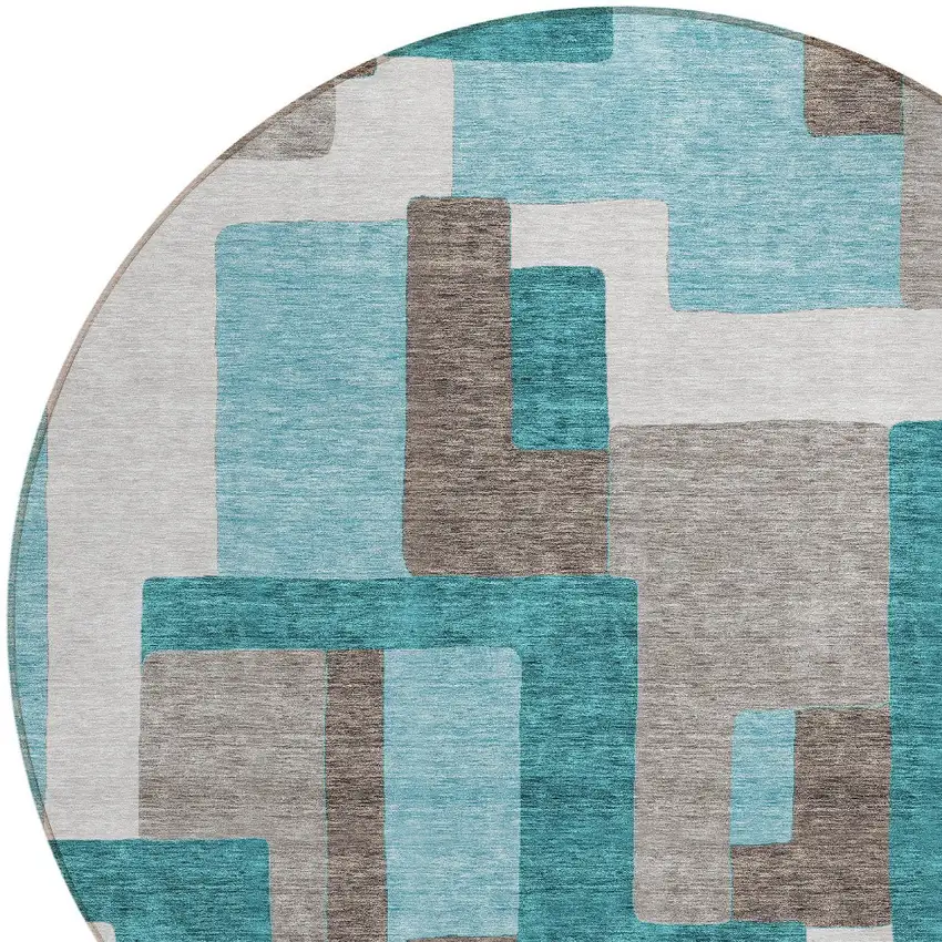 8' Teal Blue Aqua And Beige Round Abstract Washable Indoor Outdoor Area Rug Photo 4