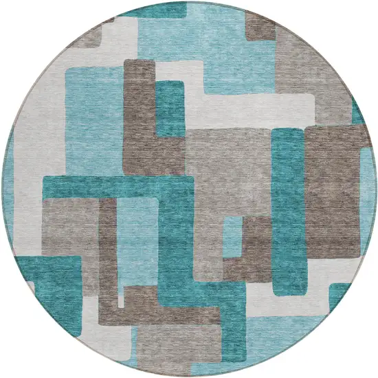8' Teal Blue Aqua And Beige Round Abstract Washable Indoor Outdoor Area Rug Photo 2
