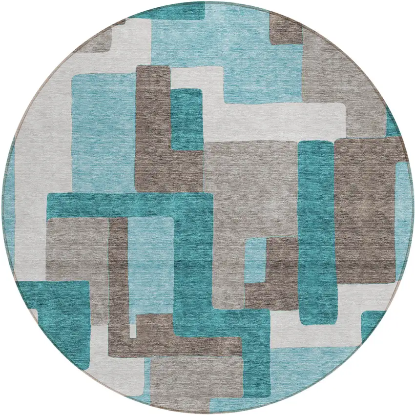 8' Teal Blue Aqua And Beige Round Abstract Washable Indoor Outdoor Area Rug Photo 2