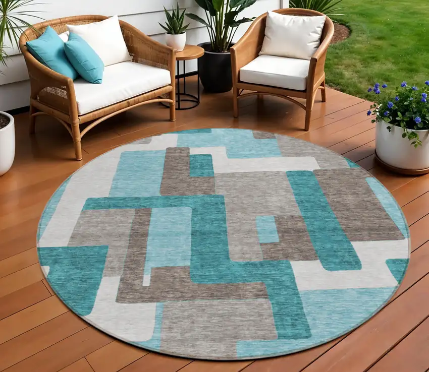 8' Teal Blue Aqua And Beige Round Abstract Washable Indoor Outdoor Area Rug Photo 1