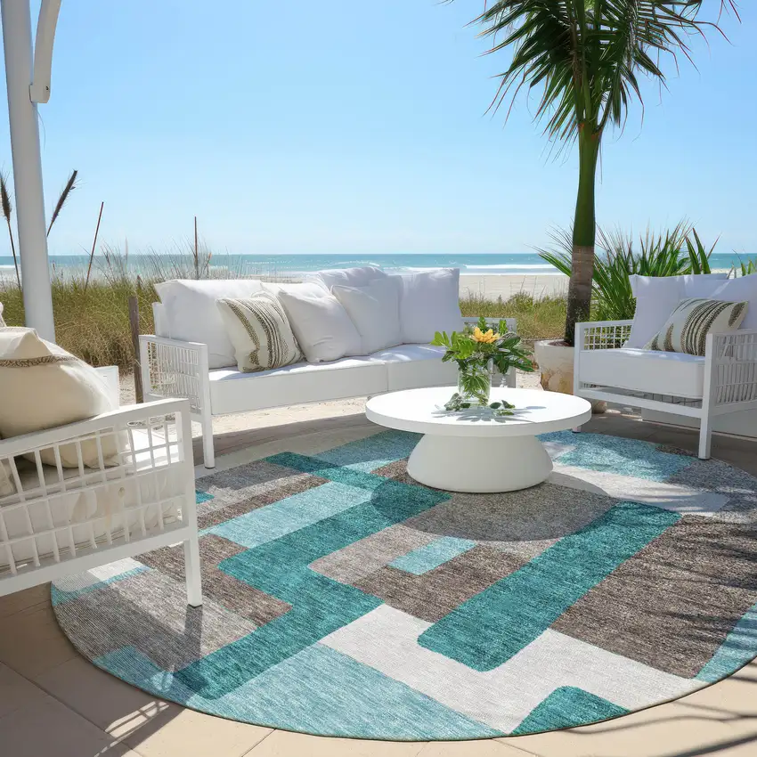 8' Teal Blue Aqua And Beige Round Abstract Washable Indoor Outdoor Area Rug Photo 7