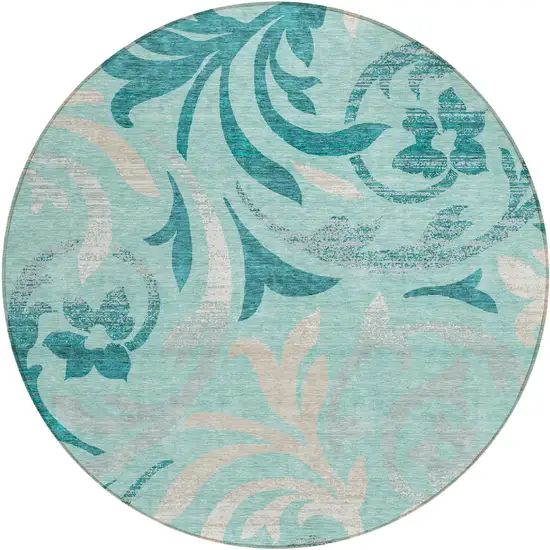 8' Teal Blue Aqua And Beige Round Floral Washable Indoor Outdoor Area Rug Photo 1
