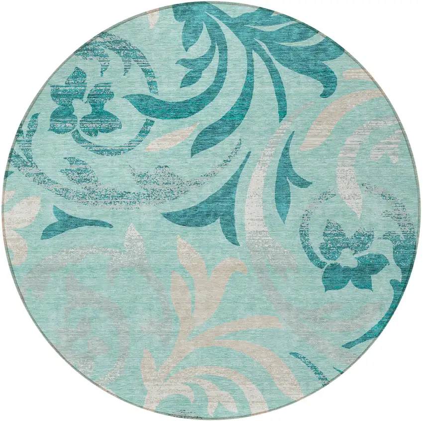 8' Teal Blue Aqua And Beige Round Floral Washable Indoor Outdoor Area Rug Photo 6