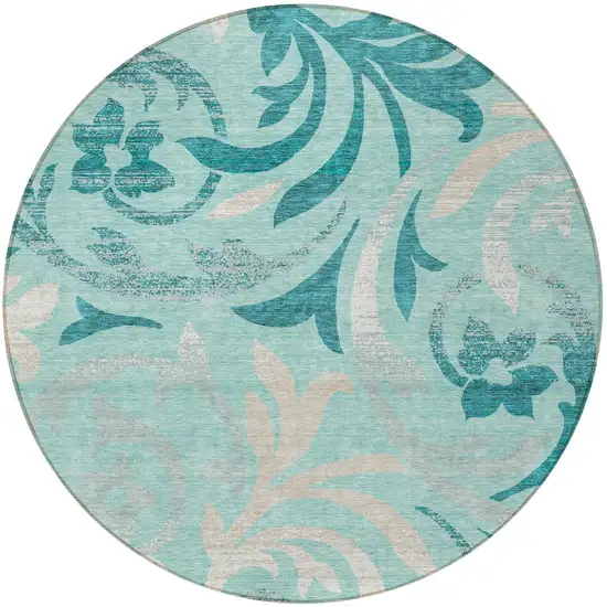 8' Teal Blue Aqua And Beige Round Floral Washable Indoor Outdoor Area Rug Photo 6