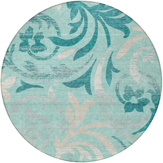 8' Teal Blue Aqua And Beige Round Floral Washable Indoor Outdoor Area Rug Photo 6