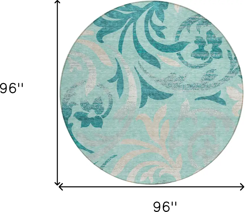 8' Teal Blue Aqua And Beige Round Floral Washable Indoor Outdoor Area Rug Photo 3