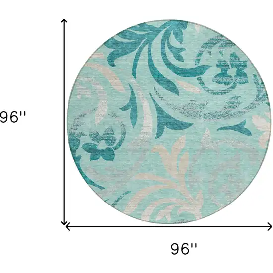 8' Teal Blue Aqua And Beige Round Floral Washable Indoor Outdoor Area Rug Photo 3