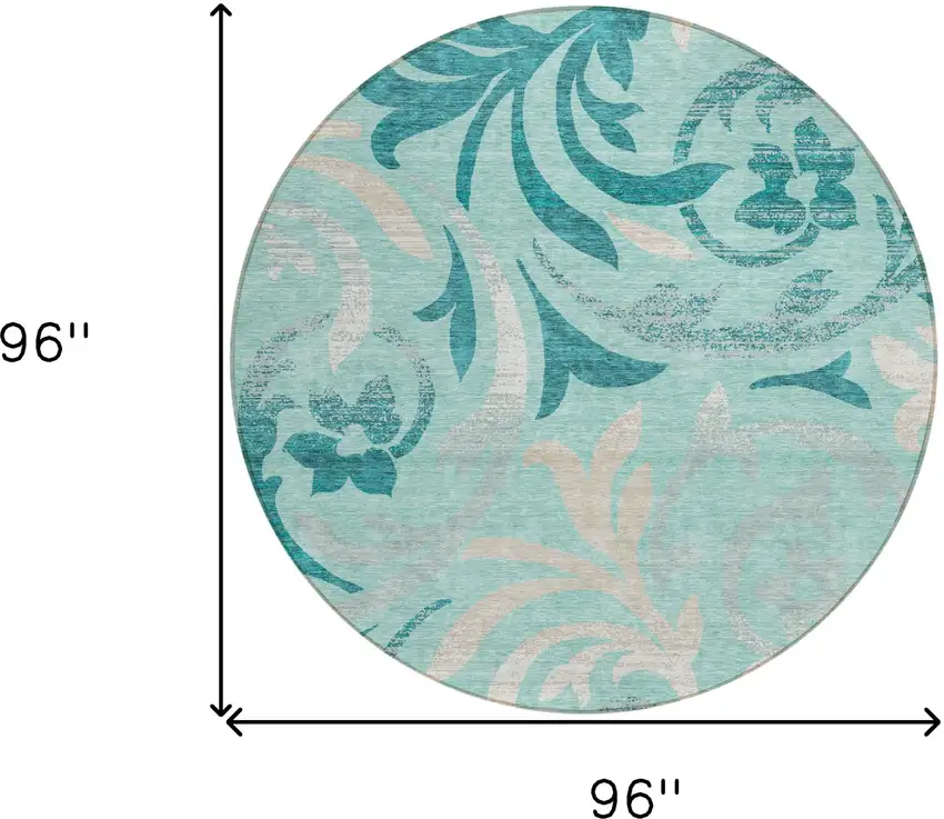 8' Teal Blue Aqua And Beige Round Floral Washable Indoor Outdoor Area Rug Photo 3