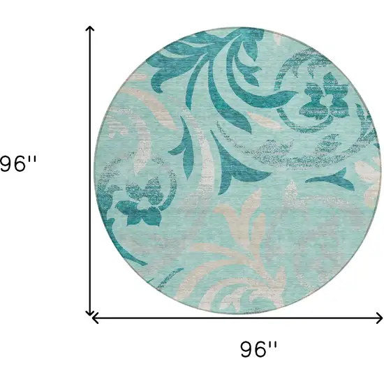 8' Teal Blue Aqua And Beige Round Floral Washable Indoor Outdoor Area Rug Photo 3