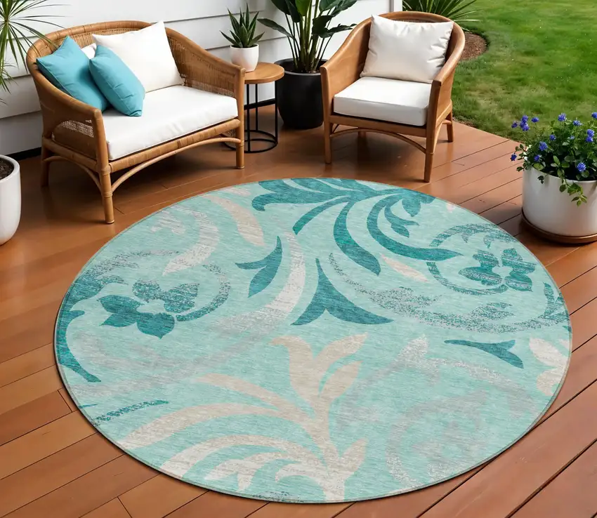 8' Teal Blue Aqua And Beige Round Floral Washable Indoor Outdoor Area Rug Photo 1