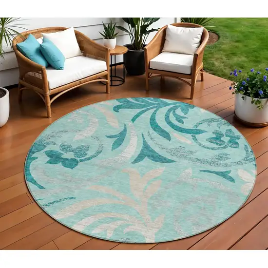 8' Teal Blue Aqua And Beige Round Floral Washable Indoor Outdoor Area Rug Photo 1