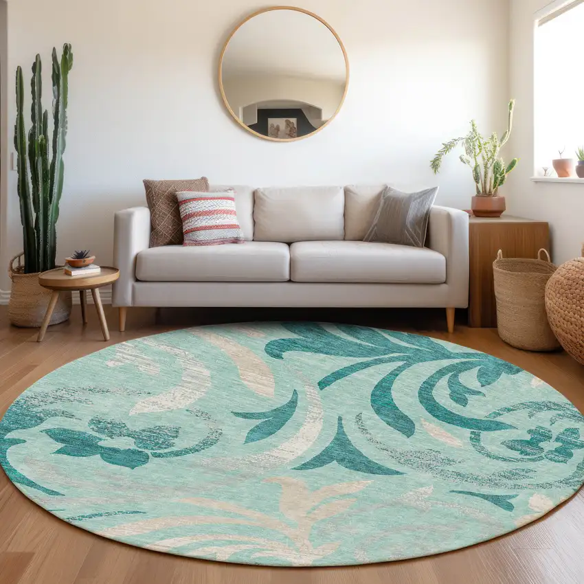 8' Teal Blue Aqua And Beige Round Floral Washable Indoor Outdoor Area Rug Photo 8