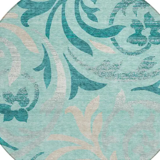 8' Teal Blue Aqua And Beige Round Floral Washable Indoor Outdoor Area Rug Photo 5