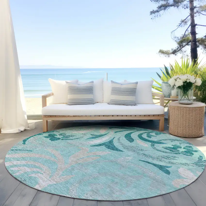 8' Teal Blue Aqua And Beige Round Floral Washable Indoor Outdoor Area Rug Photo 7
