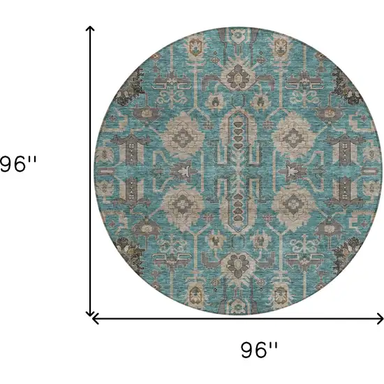 8' Teal Blue Aqua And Beige Round Oriental Washable Indoor Outdoor Area Rug Photo 9