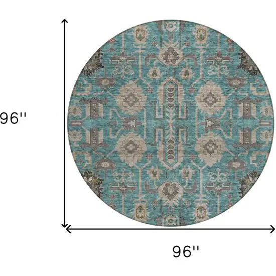 8' Teal Blue Aqua And Beige Round Oriental Washable Indoor Outdoor Area Rug Photo 9
