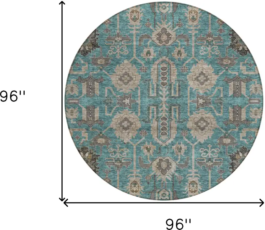 8' Teal Blue Aqua And Beige Round Oriental Washable Indoor Outdoor Area Rug Photo 9