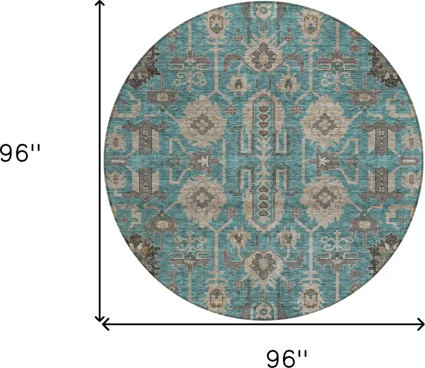 8' Teal Blue Aqua And Beige Round Oriental Washable Indoor Outdoor Area Rug Photo 9