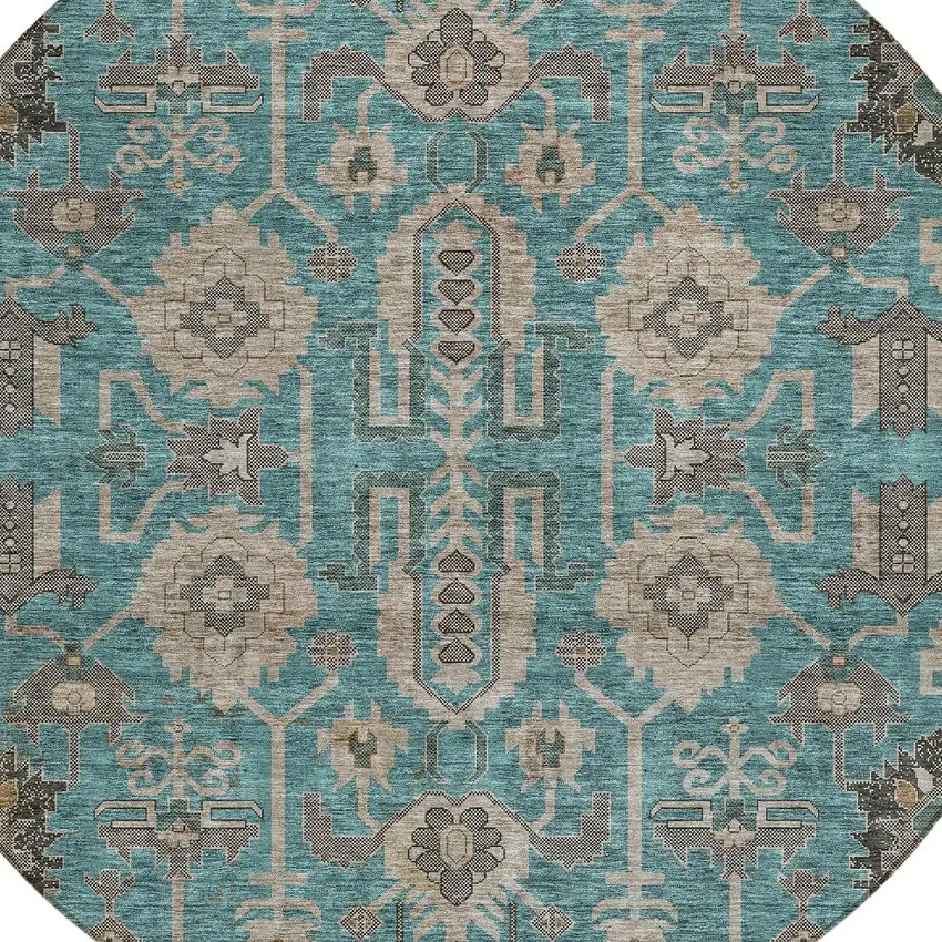 8' Teal Blue Aqua And Beige Round Oriental Washable Indoor Outdoor Area Rug Photo 5