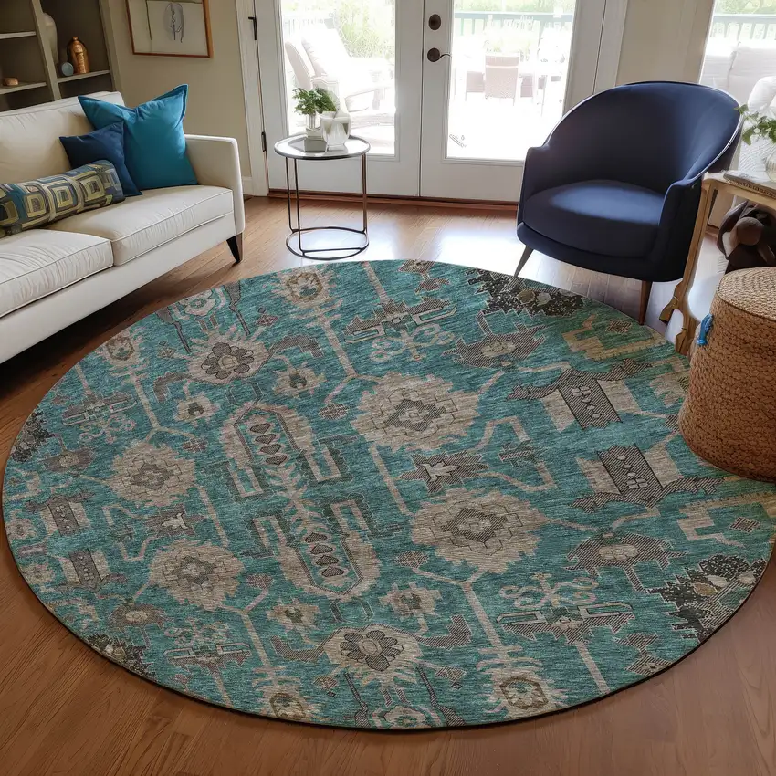 8' Teal Blue Aqua And Beige Round Oriental Washable Indoor Outdoor Area Rug Photo 8