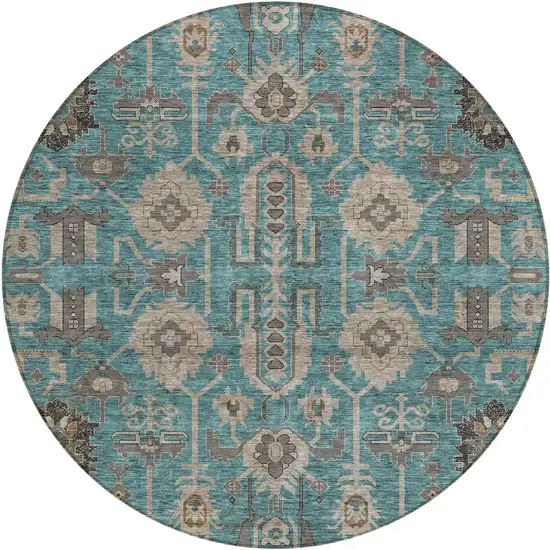 8' Teal Blue Aqua And Beige Round Oriental Washable Indoor Outdoor Area Rug Photo 1