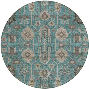 Photo of 8' Teal Blue Aqua And Beige Round Oriental Washable Indoor Outdoor Area Rug