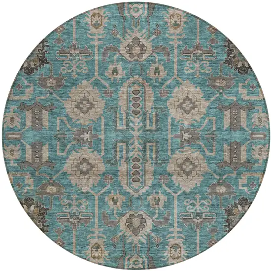 8' Teal Blue Aqua And Beige Round Oriental Washable Indoor Outdoor Area Rug Photo 1