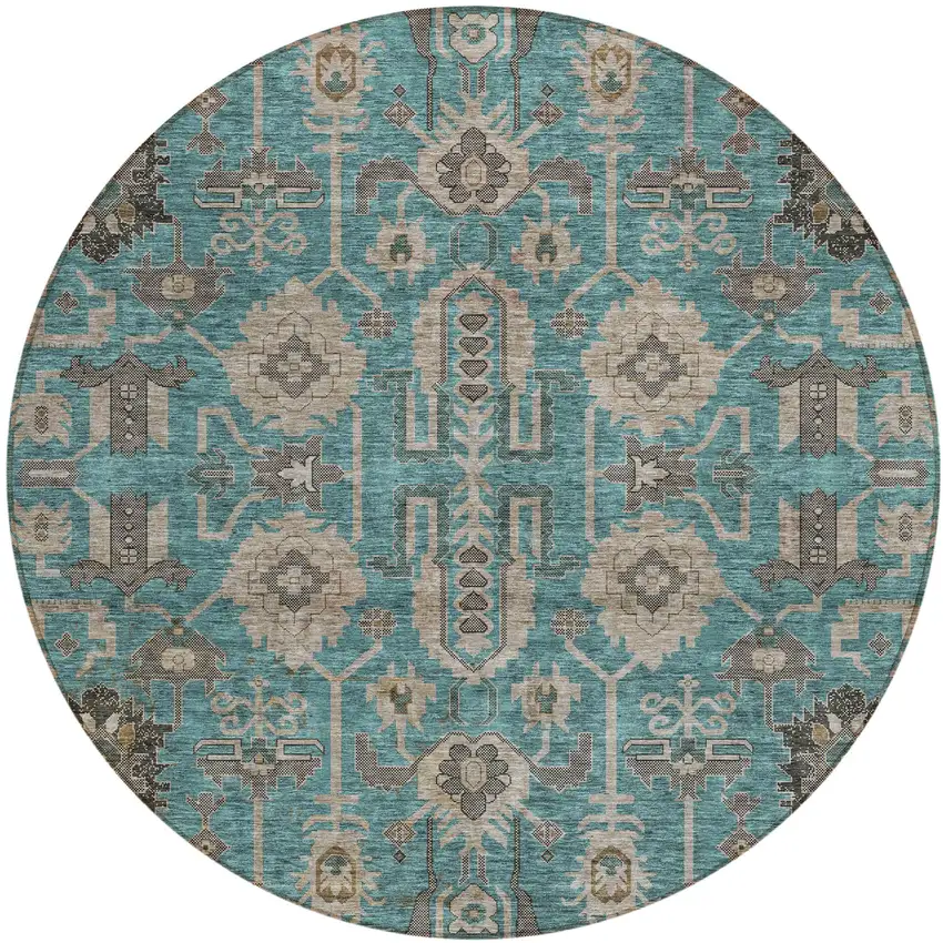 8' Teal Blue Aqua And Beige Round Oriental Washable Indoor Outdoor Area Rug Photo 1
