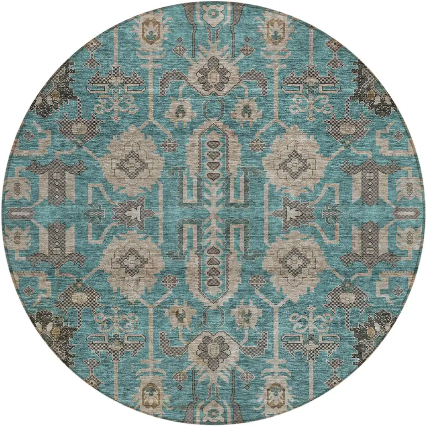 8' Teal Blue Aqua And Beige Round Oriental Washable Indoor Outdoor Area Rug Photo 1