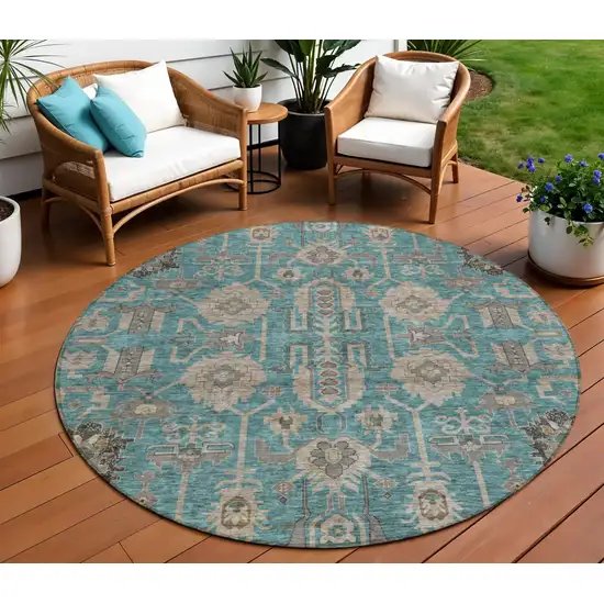 8' Teal Blue Aqua And Beige Round Oriental Washable Indoor Outdoor Area Rug Photo 1
