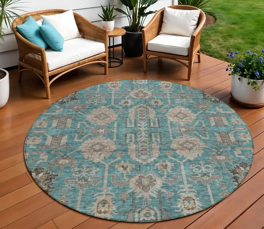 8' Teal Blue Aqua And Beige Round Oriental Washable Indoor Outdoor Area Rug Photo 1