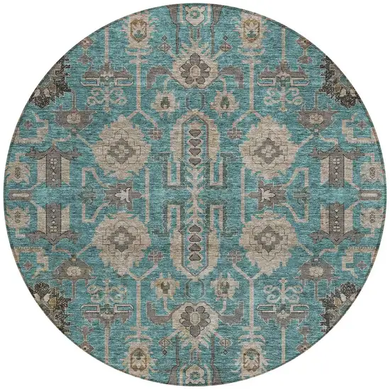 8' Teal Blue Aqua And Beige Round Oriental Washable Indoor Outdoor Area Rug Photo 6
