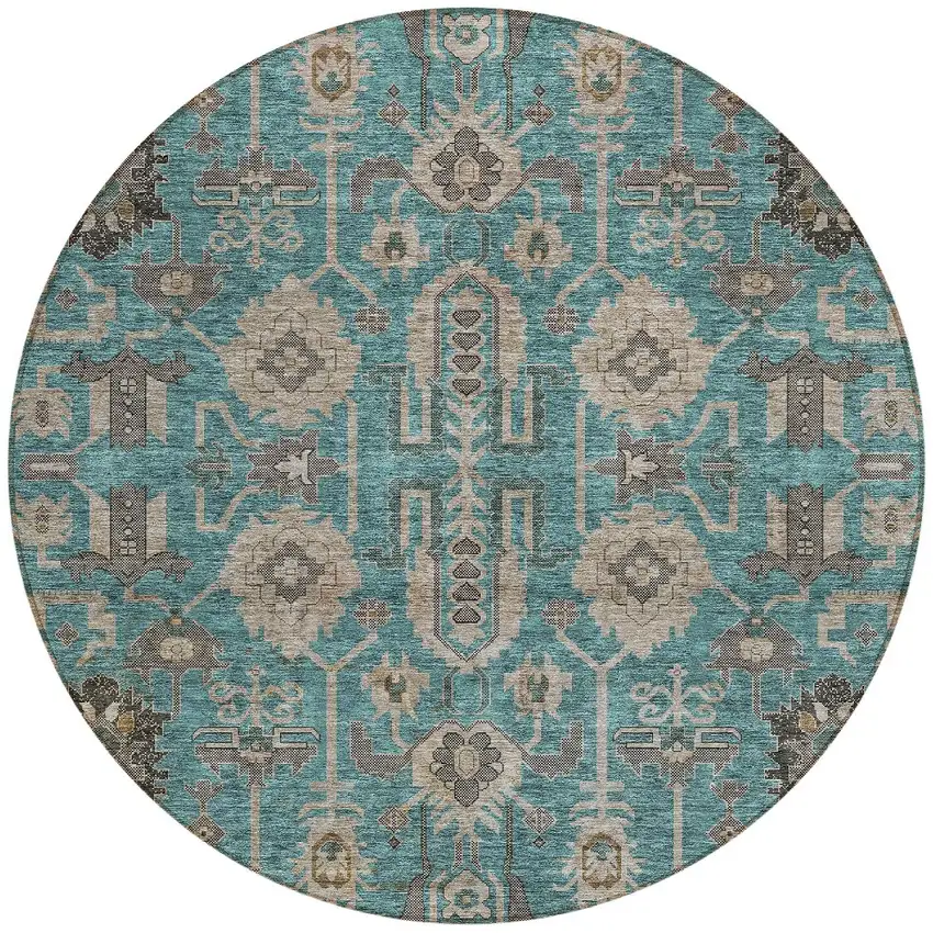 8' Teal Blue Aqua And Beige Round Oriental Washable Indoor Outdoor Area Rug Photo 6