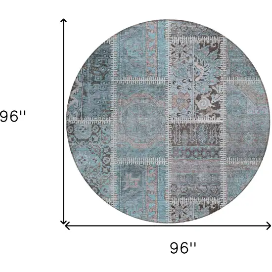 8' Teal Blue Aqua And Beige Round Patchwork Washable Indoor Outdoor Area Rug Photo 8