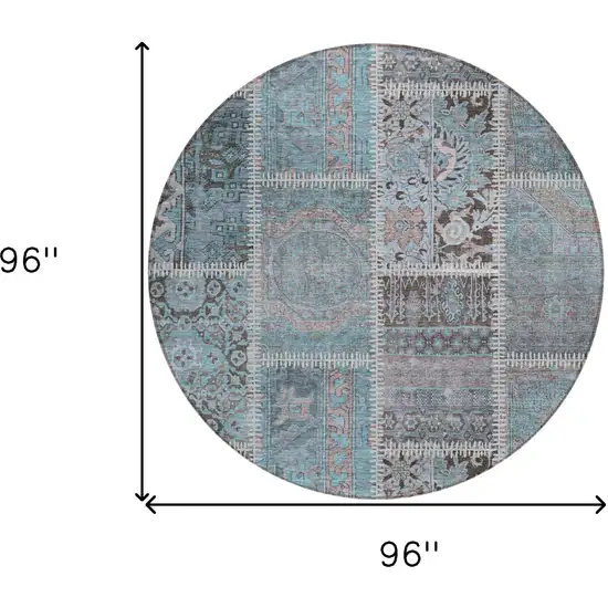 8' Teal Blue Aqua And Beige Round Patchwork Washable Indoor Outdoor Area Rug Photo 8