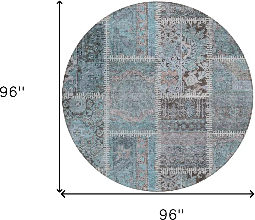8' Teal Blue Aqua And Beige Round Patchwork Washable Indoor Outdoor Area Rug Photo 8