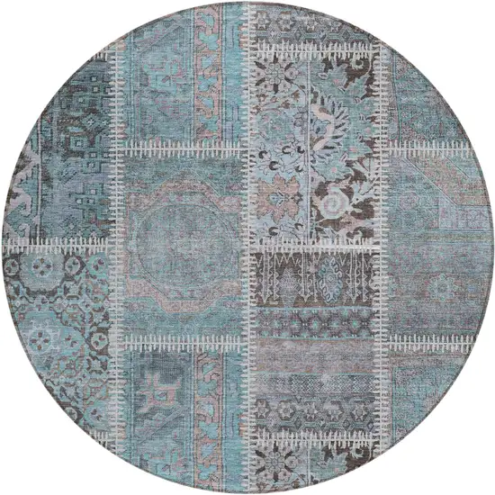 8' Teal Blue Aqua And Beige Round Patchwork Washable Indoor Outdoor Area Rug Photo 1