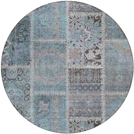 8' Teal Blue Aqua And Beige Round Patchwork Washable Indoor Outdoor Area Rug Photo 1