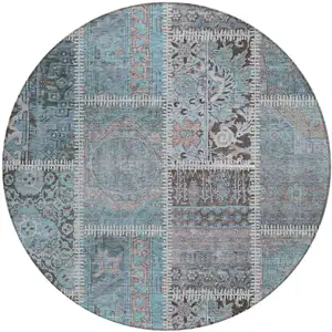 Photo of 8' Teal Blue Aqua And Beige Round Patchwork Washable Indoor Outdoor Area Rug