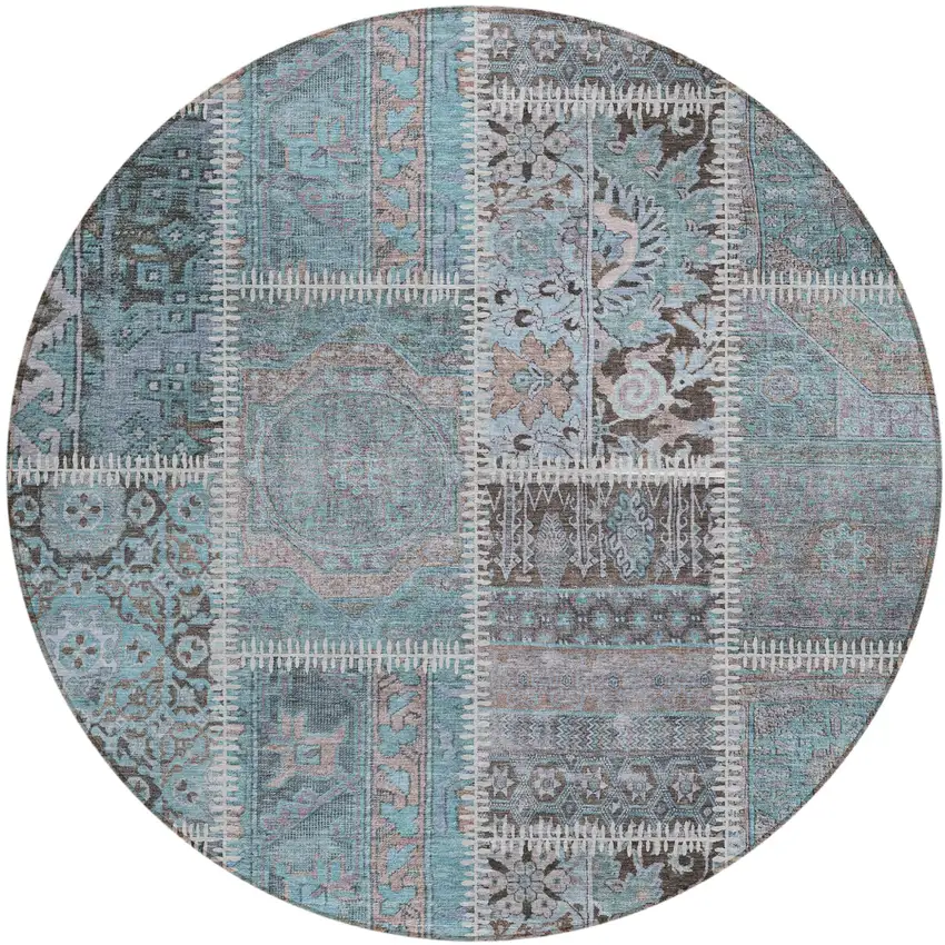 8' Teal Blue Aqua And Beige Round Patchwork Washable Indoor Outdoor Area Rug Photo 1