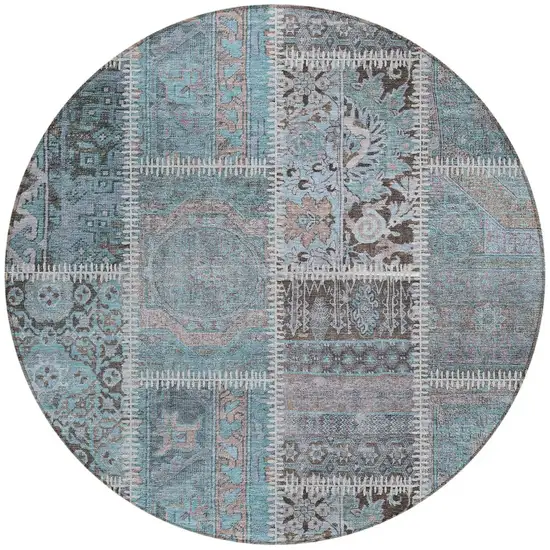 8' Teal Blue Aqua And Beige Round Patchwork Washable Indoor Outdoor Area Rug Photo 4