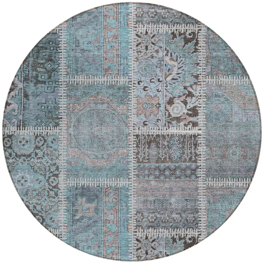 8' Teal Blue Aqua And Beige Round Patchwork Washable Indoor Outdoor Area Rug Photo 4