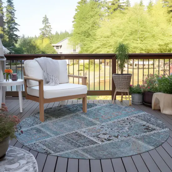 8' Teal Blue Aqua And Beige Round Patchwork Washable Indoor Outdoor Area Rug Photo 6