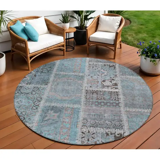 8' Teal Blue Aqua And Beige Round Patchwork Washable Indoor Outdoor Area Rug Photo 1