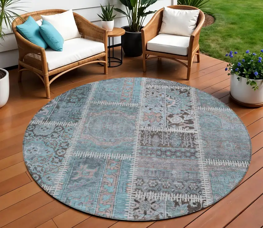 8' Teal Blue Aqua And Beige Round Patchwork Washable Indoor Outdoor Area Rug Photo 1