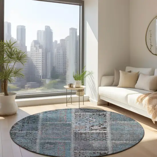 8' Teal Blue Aqua And Beige Round Patchwork Washable Indoor Outdoor Area Rug Photo 7